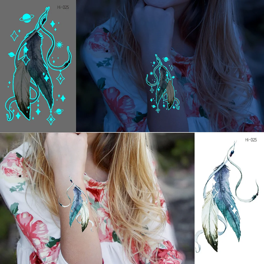 Sdrawing Glowing Butterfly Sea Waves Temporary Tattoos For Women Men Glow In The Dark Glitter Feather Fake Tattoo Sticker Luminous