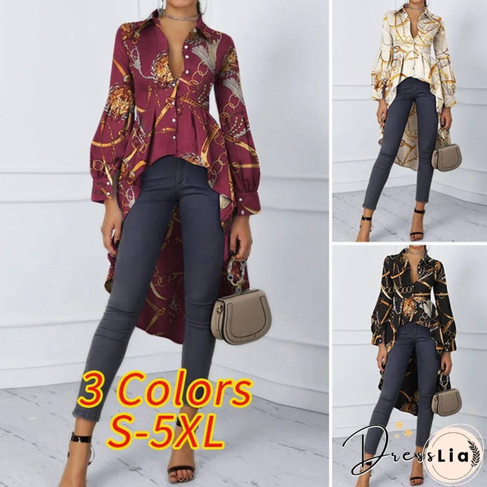 Women High Low Hem Chains Print Long Sleeve Shirt Peplum Blouses