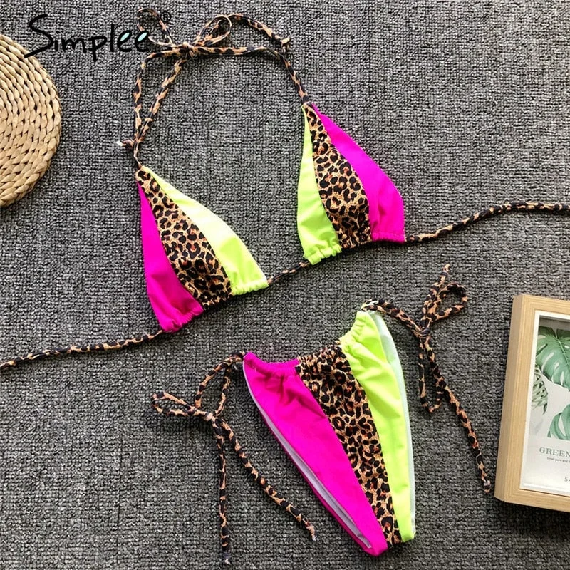 Summer Sexy leopard print two-pieces women swimsuit Spaghetti strap summer swimsuit Lace up beach holiday female bikini 2019