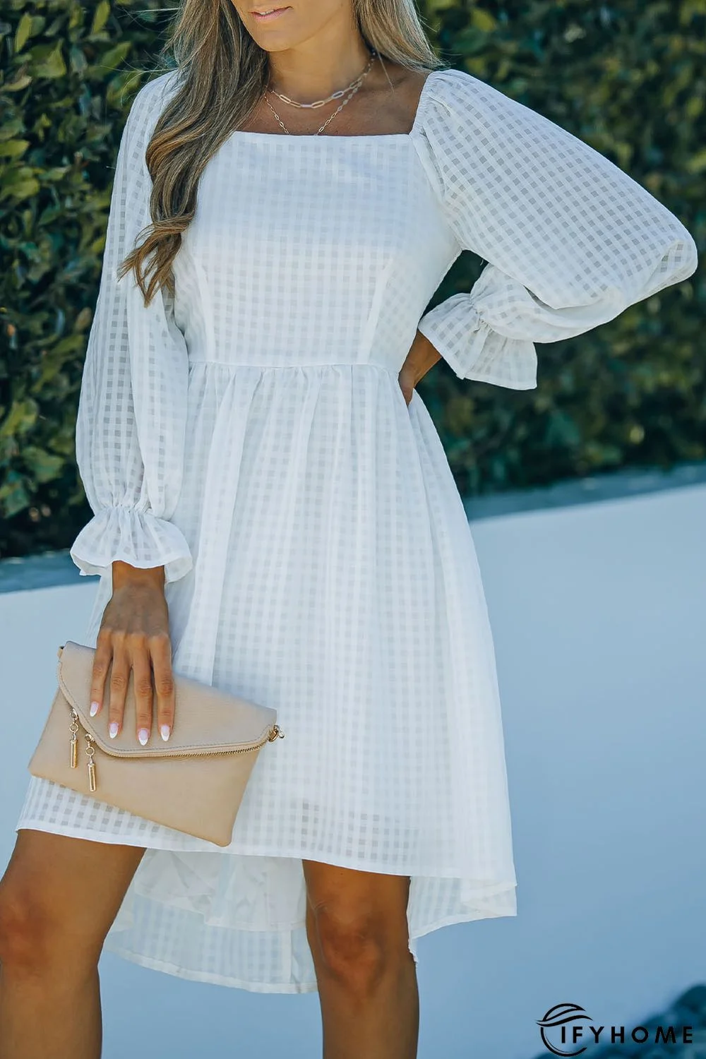 White Square Neck Smocked Back A-line Dress | IFYHOME