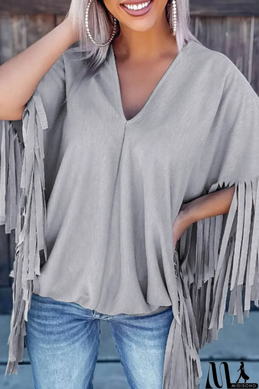 MidiSono - Grey Fringe V Neck Top
