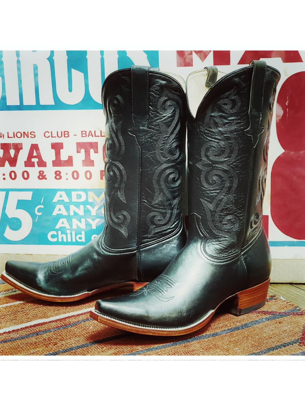 Taafo Black Embroidery Snip-Toe Tall Wide Mid Calf Cowgirl Boots