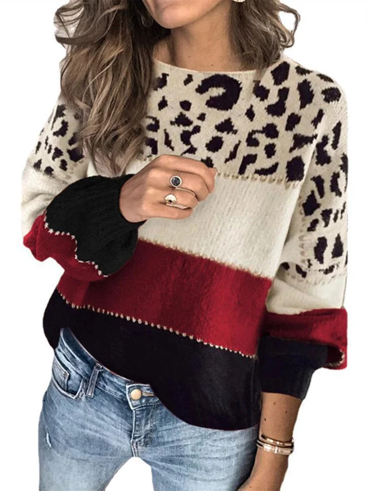 Women Long Sleeve Scoop Neck Stitching Leopard Printed Sweaters