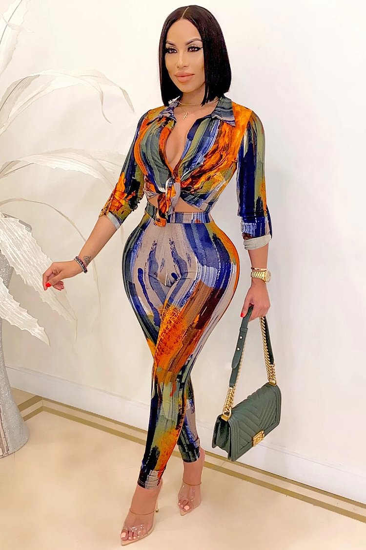 Boho Print Long Sleeve Crop Blouses Leggings Pants Two Pieces Set