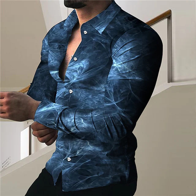 men's shirt 3d print gradient turndown street casual button-down print long sleeve tops designer casual breathable blue