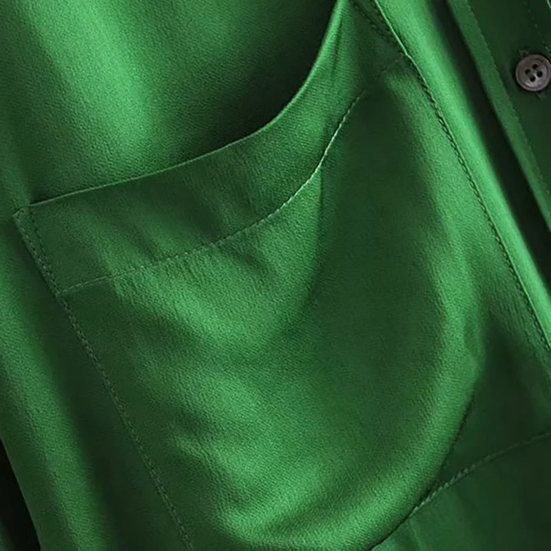 Women Vintage Satin Blouse Casual Solid Shirt 2019 Soft Turn Down Collar Office Shirt Long Sleeve Pocket Green Blouse Top Blusas