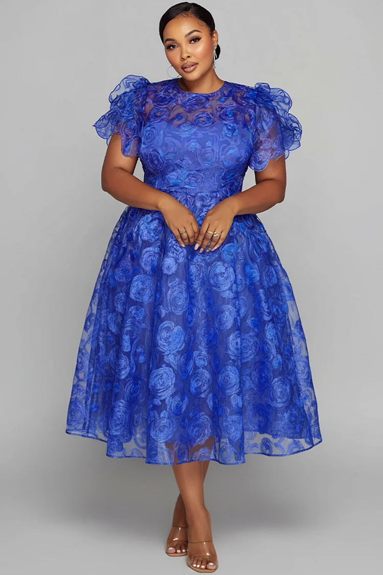 Xpluswear Design Plus Size Cocktail Party Blue Round Neck Short Sleeve See Through Organza Midi Dresses 2024 - Xpluswear