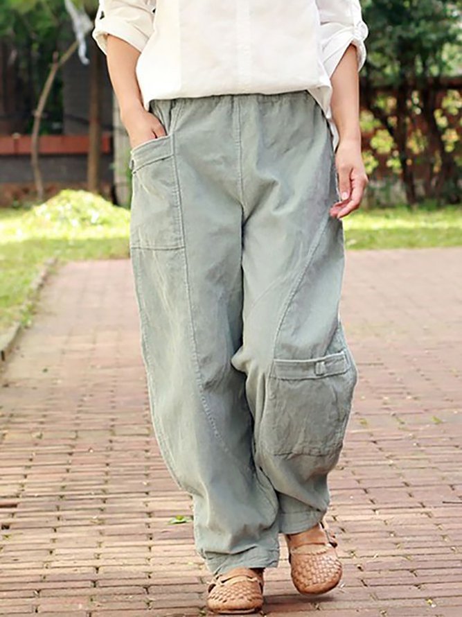 Solid Pockets Casual Linen Pants