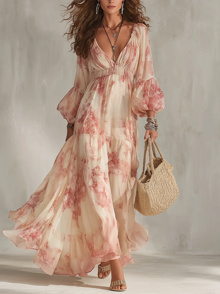 Romantic Floral-Print V-Neck Puff-Sleeve Tiered Maxi Dress