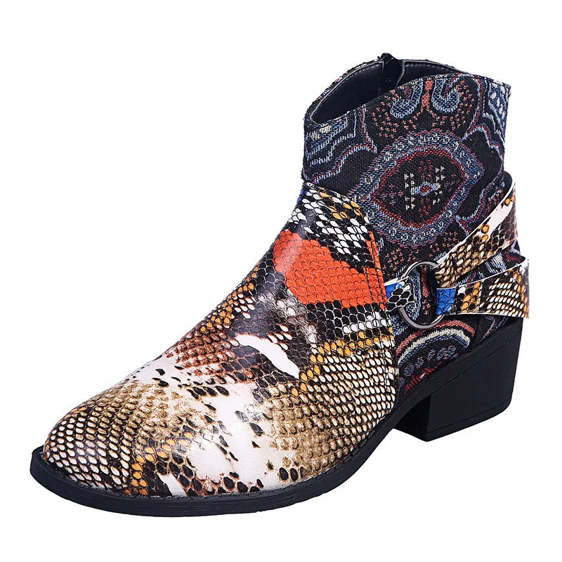 Women's Graphic Round Toe Mid Heel Casual Low Boots
