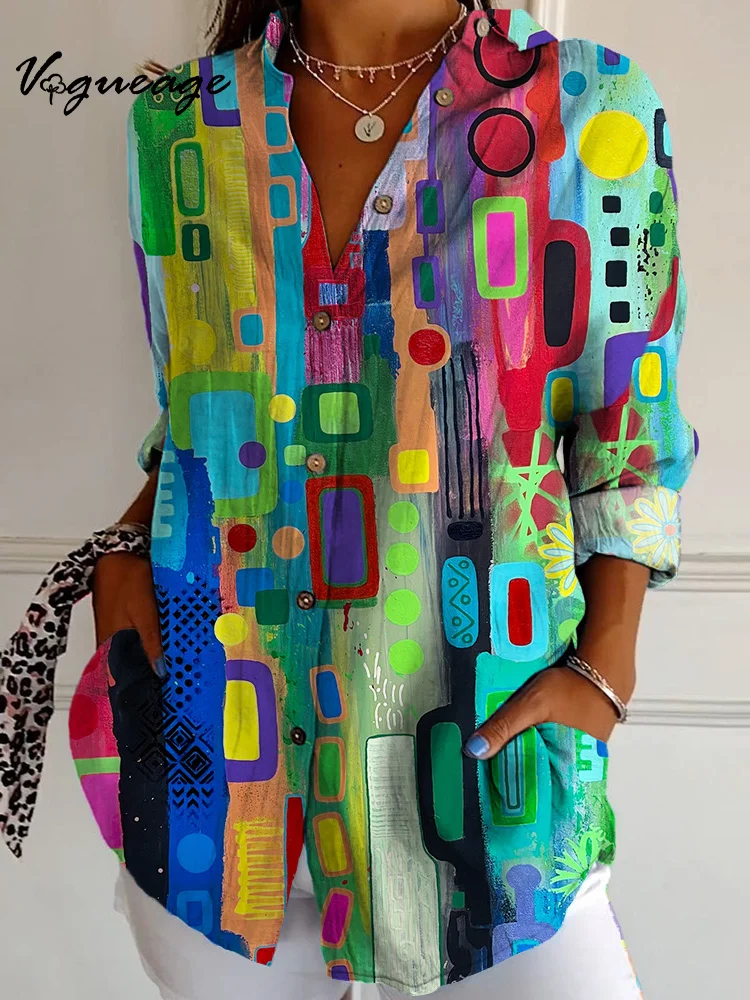 Bright Colored Dots And Squares Long Sleeves Printed Cotton And Linen Shirt