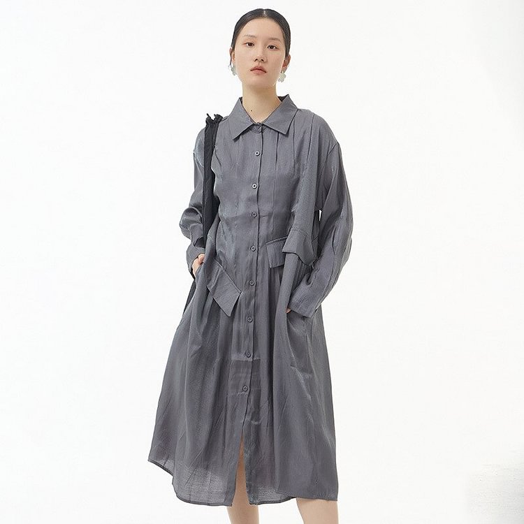 Temperament Loose Solid Color Lapel Pleated Single-breasted Asymmetrical Pocket Long Sleeve Dress 