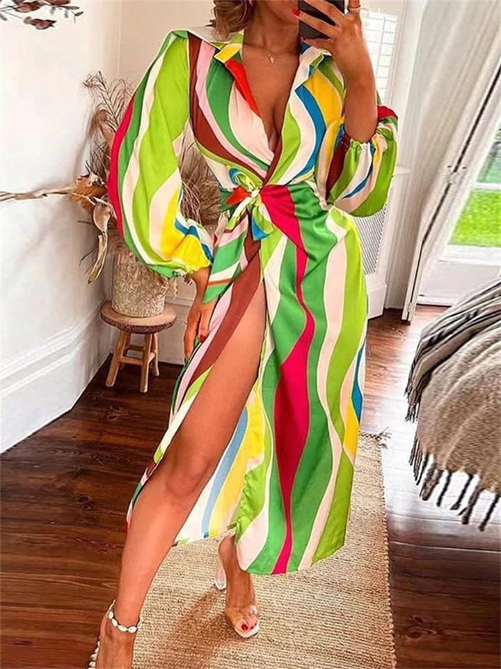 Women's Hot Fashion Printed Lantern Sleeve Tie Slit Lapel Dress Explosive Long Dresses