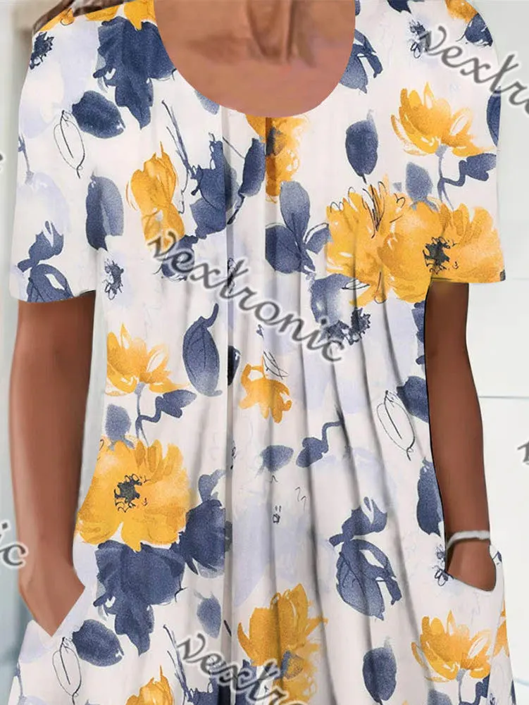 Women's Short Sleeve Scoop Neck Floral Printed Graphic Midi Dress