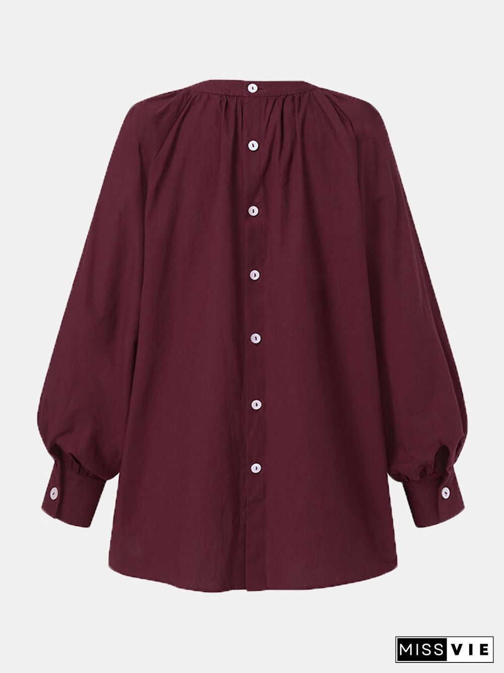 Solid Color Puff Sleeve Stand Collar Blouse