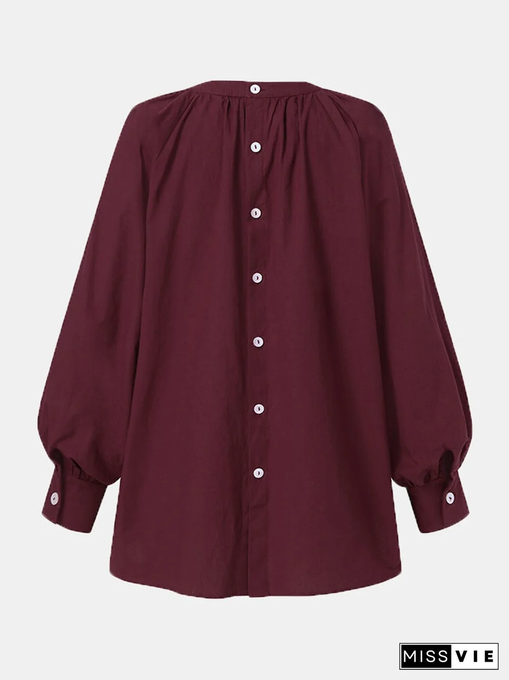 Solid Color Puff Sleeve Stand Collar Blouse