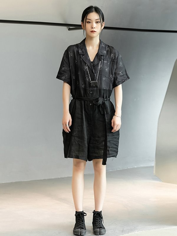Urban Black Linen Printed Notched Collar Rompers