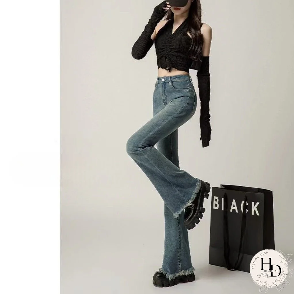 High Waist Raw Hem Flared Jeans for Women Autumn and Winter 2024 New Slim-Fit Retro Stretch Trousers Spring and Summer Ins