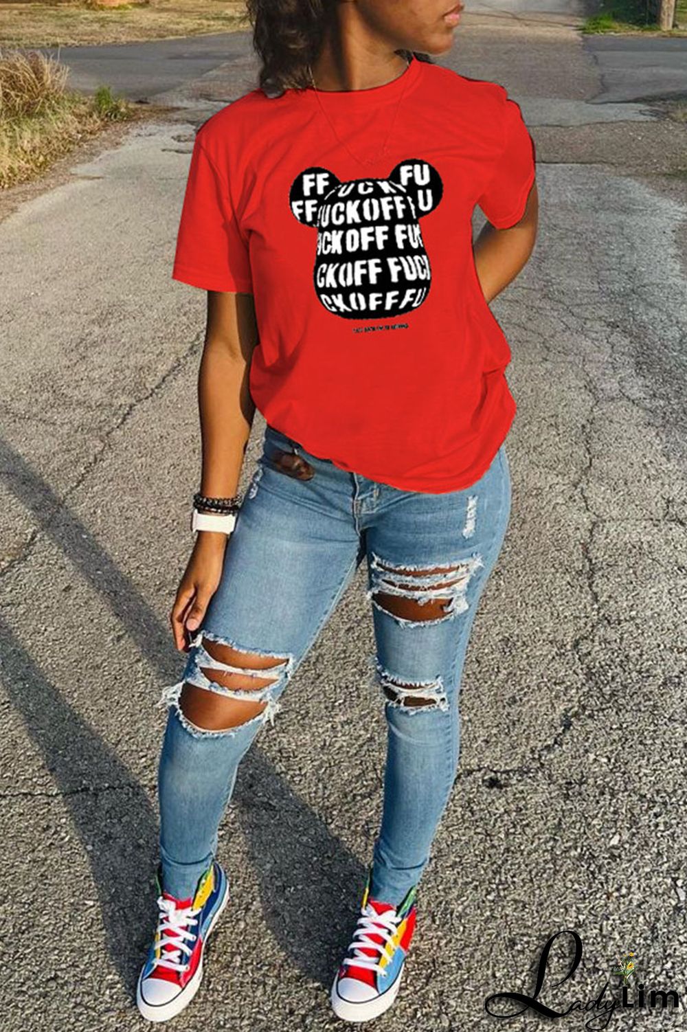 Orange Fashion Casual Cartoon Print Basic O Neck T-Shirts