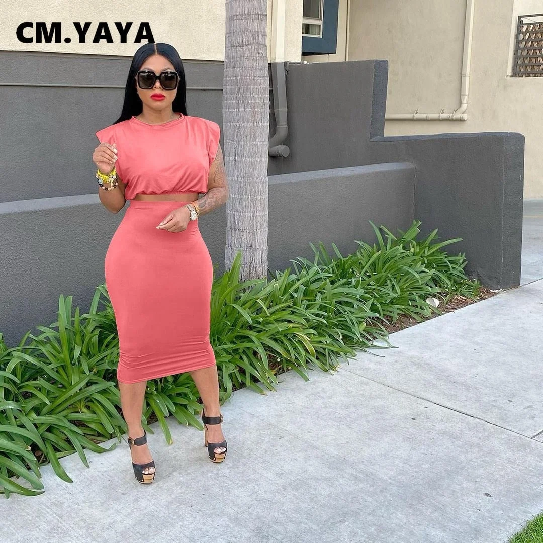 CM.YAYA Women Skirts Two 2 Piece Set Fashion Streetwear Crop Tops and Midi Skirt Matching Set Classic Outfits