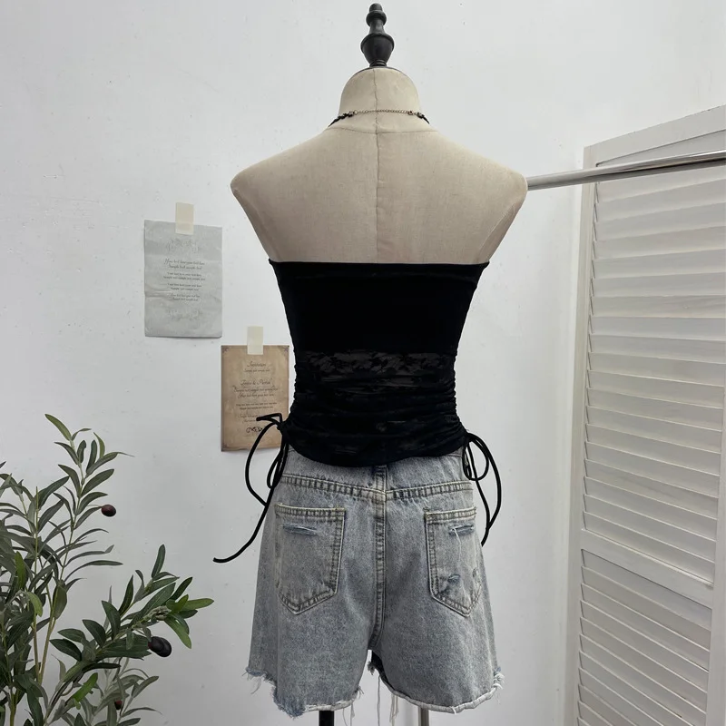 Nigikala Nigikala Shot With Chest Pad Lace Lace Hollow Hottie Breast Drawstring Thin Brat Waistcoat Sleeveless Top 12111