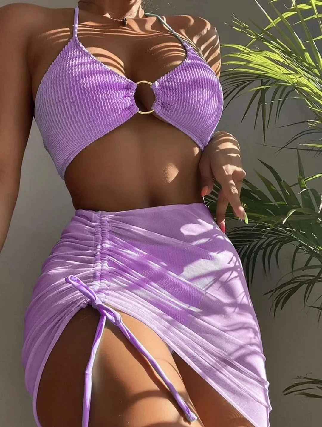 Wongn Wongn Split Swimsuit Female Solid Color Sexy Swimsuit Three-Piece Hanging Neck Three-Point Bikini