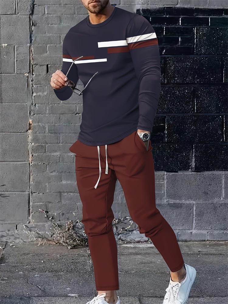 Geswet 2025 New Spring And Autumn Men's Long Sleeve T-shirt And Long Pants Set Daily Street Men's Fashion Long Sleeve T-shirt
