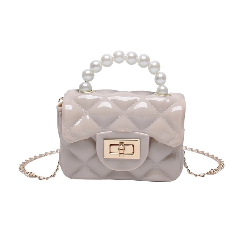 Girl’s Small Pu Leather Solid Color Lingge Cute Pearls Square Lock Clasp Crossbody Bag