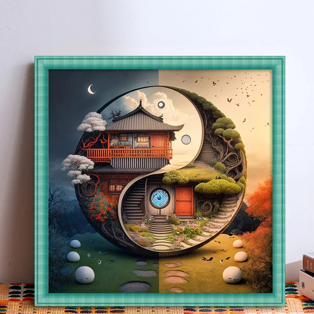 DIY Stamped Cross Stitch 11CT Full Embroidery 45*45cm - Tai Chi Diagram-Landscape Cabin