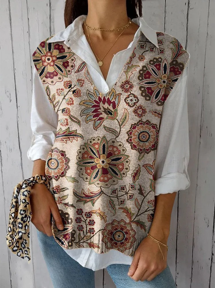 Women's Vintage Lovely Floral Art Print Versatile Knitted Vest