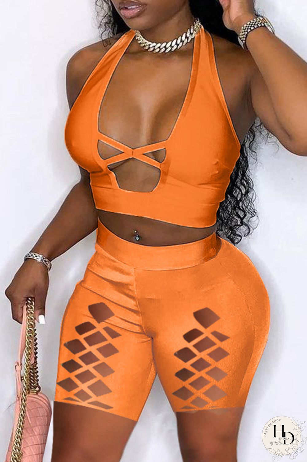 Orange Fashion Sexy Solid Hollowed Out Backless Halter Skinny Two-piece Set