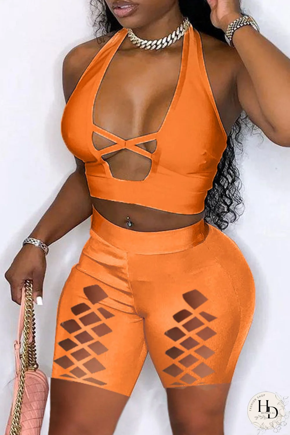 Orange Fashion Sexy Solid Hollowed Out Backless Halter Skinny Two-piece Set