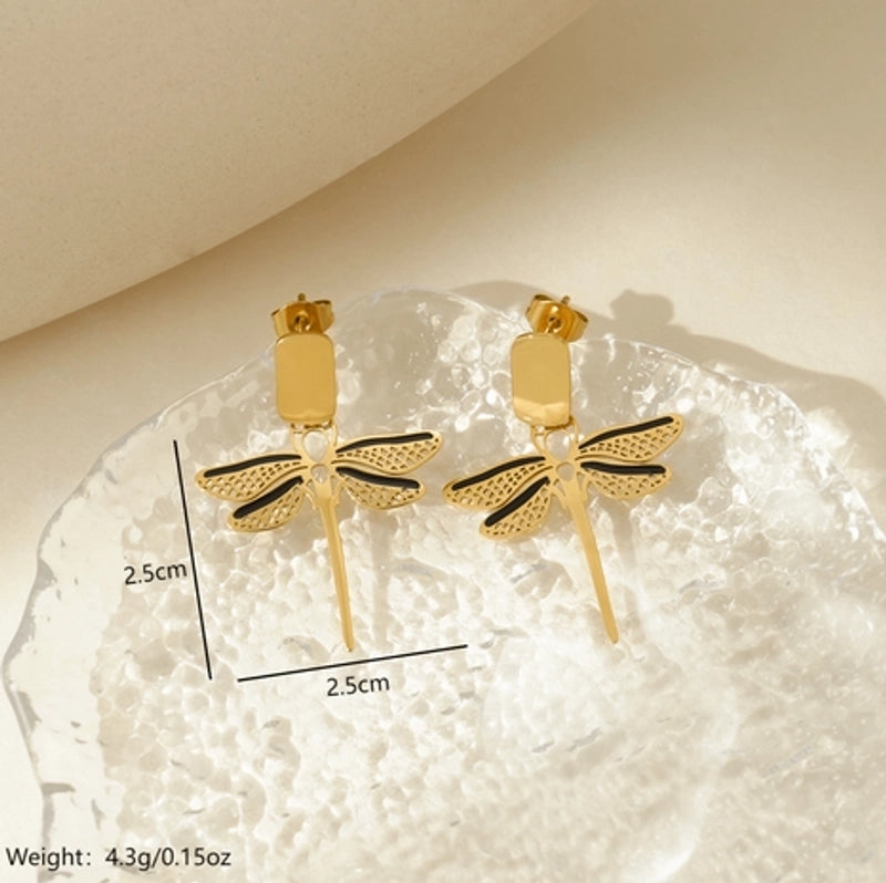 1 Pair Modern Style Classic Style Dragonfly Polishing Enamel Plating 304 Stainless Steel Drop Earrings4