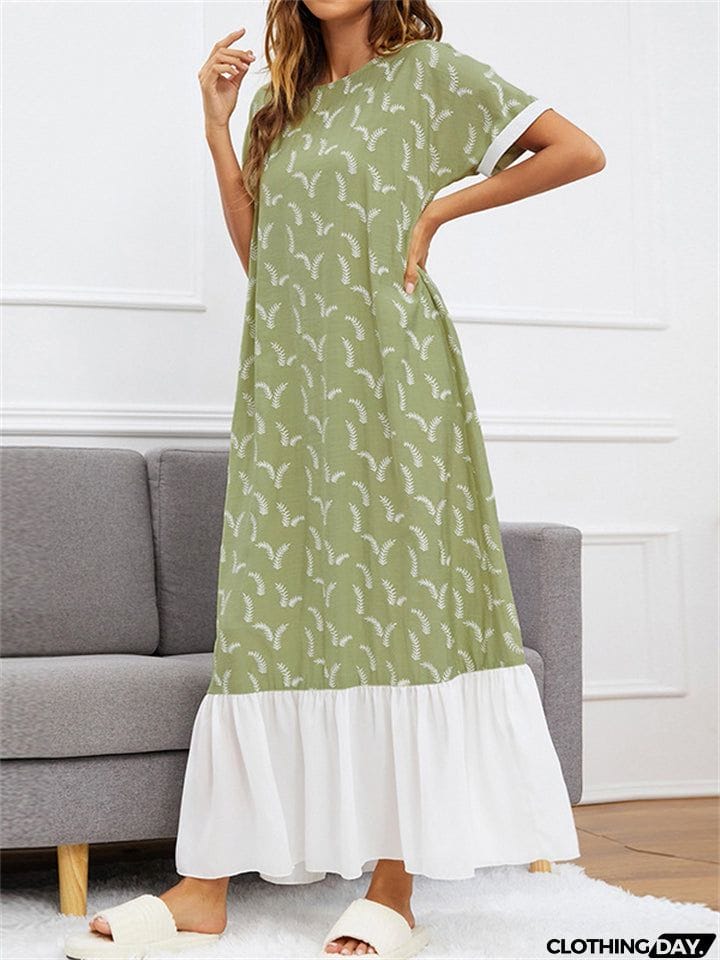 Round Neck Printed Contrast Color Long Dresses
