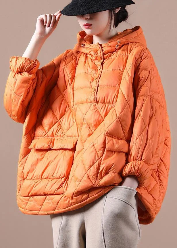 Literary Orange Plus Size Hooded Pullover Short Puffers Jackets