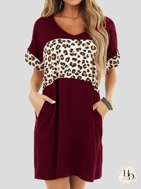 Dresses Crew Neck Leopard Panel Pocket Casual Dress for Women