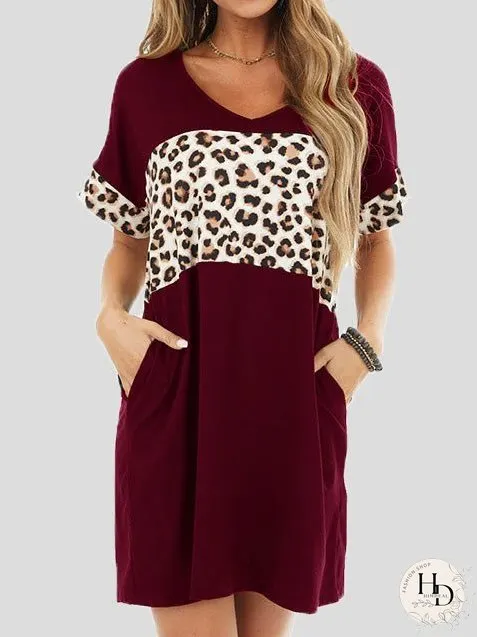 Dresses Crew Neck Leopard Panel Pocket Casual Dress for Women
