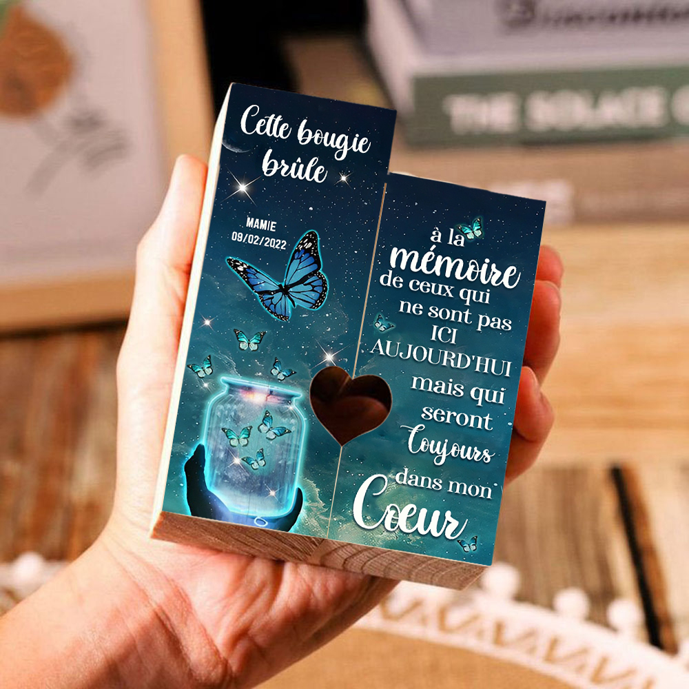 Bougeoir en Bois Commémoratif 1 Prénom Personnalisé avec Date sans bougie