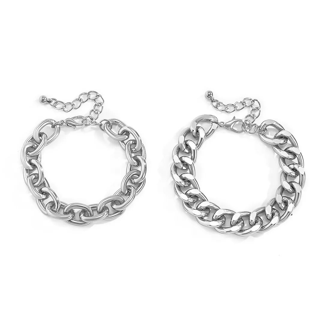 Hip Hop Trendy Metal Punk Geometric Double Layer Thick Chain Set Bracelet Anklet-vocosishoes