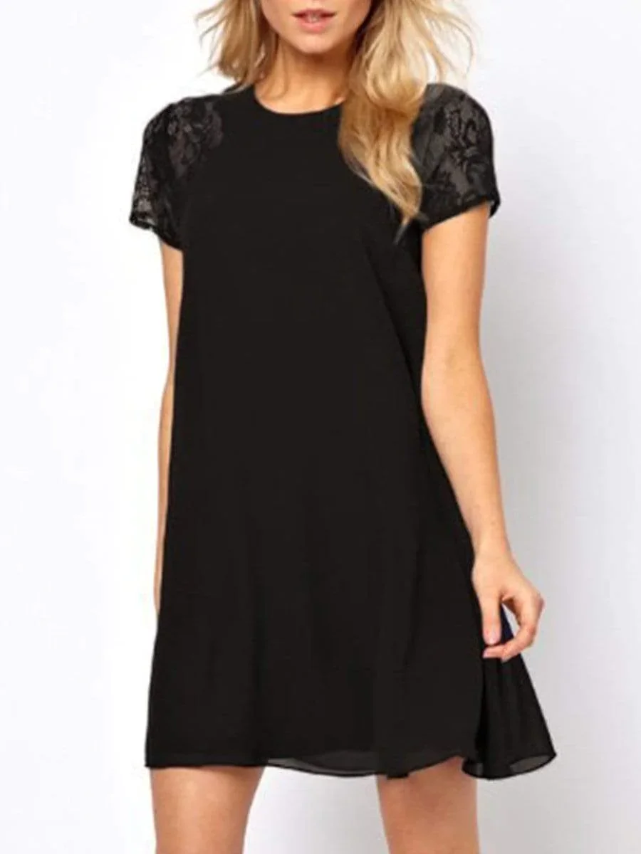 Round Neck  Patchwork  Plain Shift Dress