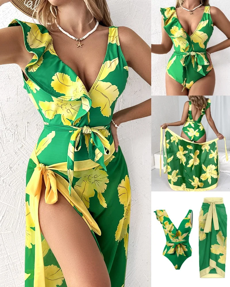 Plants Print Ruffle Hem One-Piece Swimsuit With Cover Up