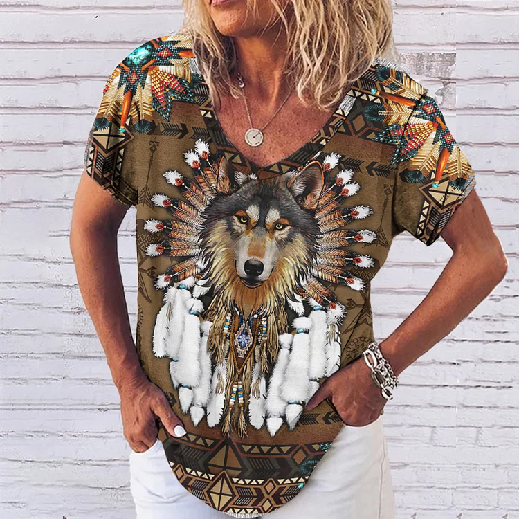Western Print V-Neck Short Sleeve T-Shirt