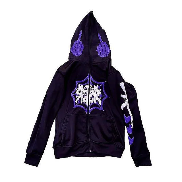 Spider Print Men's Black Purple Oversized Zip Up Hoodie Coat-VESSFUL
