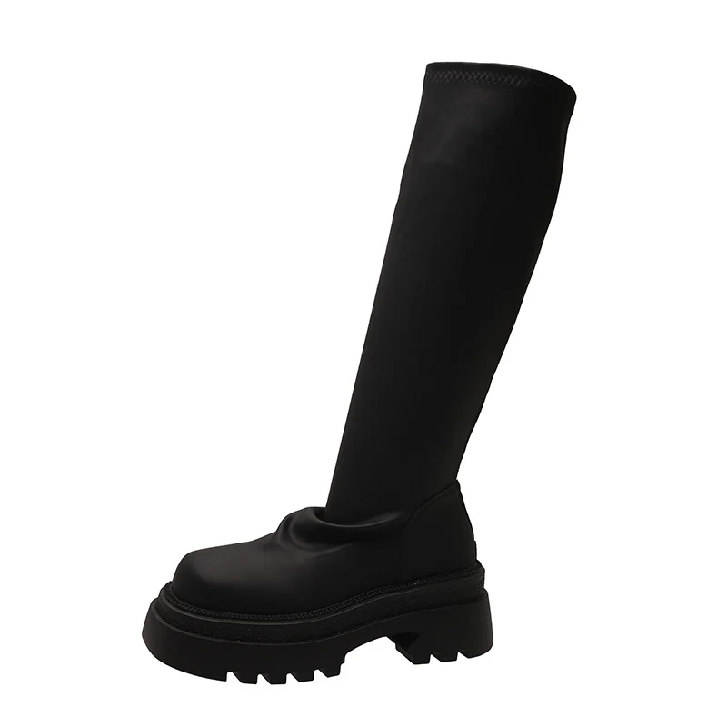 Yyvonne Autumn New British Folded Elastic Skinny Boots Retro Thick And Thick Bottom Pine Cake But Knee Long Boots Women