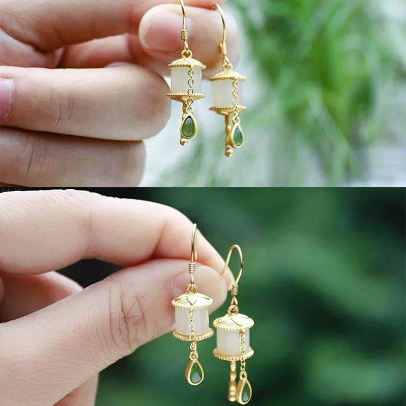 925 Sterling Silver Jade Prayer Wheel Luck Drop Earrings