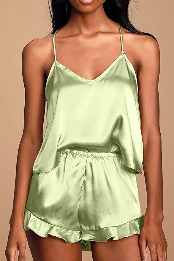 Churchf Women's Simulated Silk Pajamas Solid Color V-Neck Suspension Shorts Two-Piece Pajamas Sexy Fashion Homewear Set