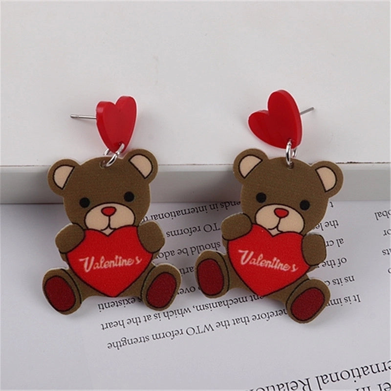 1 Pair Cute Bear Heart Shape Rose Arylic Christmas Valentine’s Day Women’s Drop Earrings