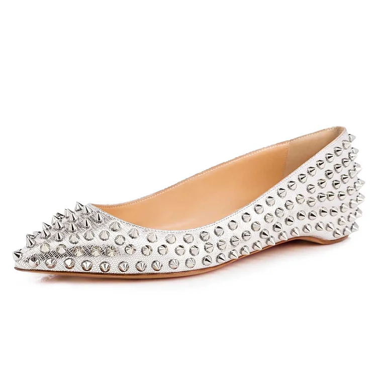 Silver Lizard Embossed Metallic Women's Pointed Toe Flats with Rivets |FSJ Shoes