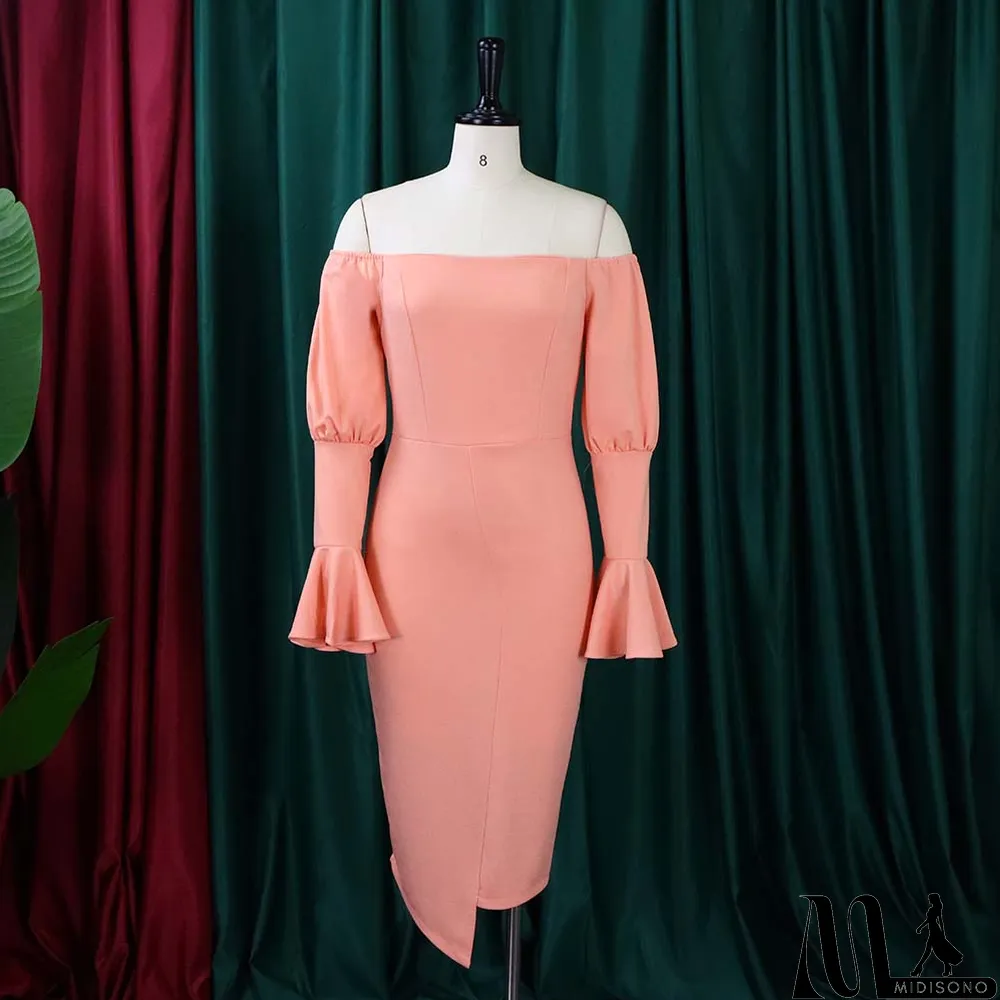 MidiSono - Spring Plus Size Sexy Peach Off Shoulder Ruffles Long Sleeve Midi Dress