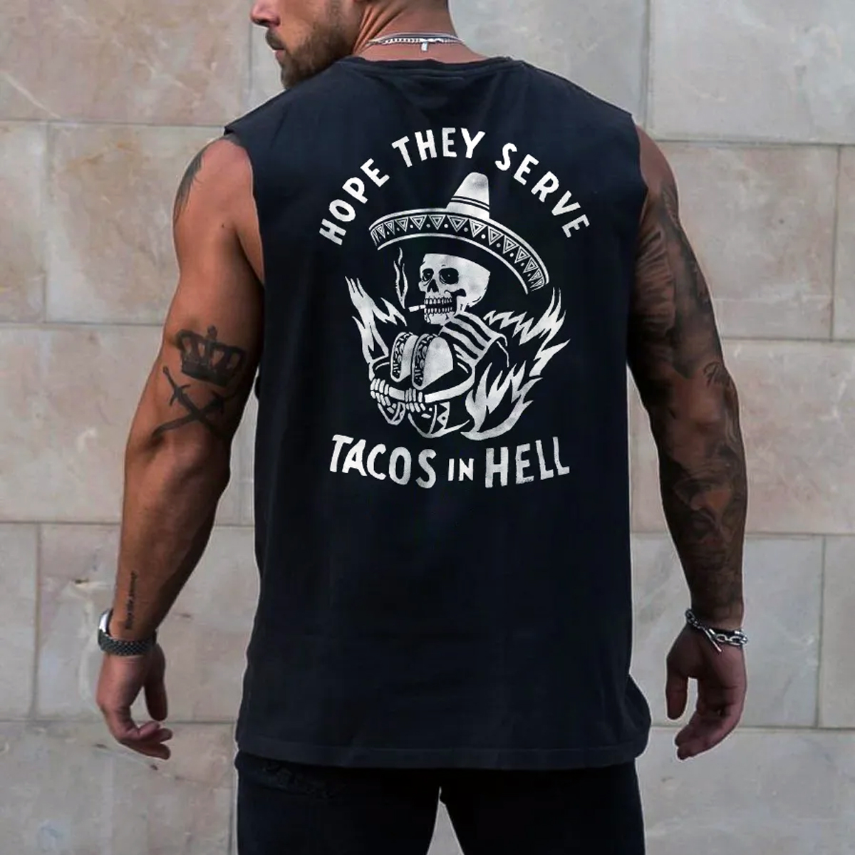 Cotton Sleeveless Tank Top With Skull And Tacos Graphic